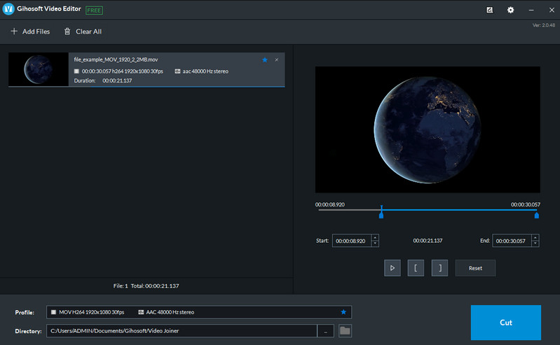 Interface do editor de vídeo GIHOSOFT
