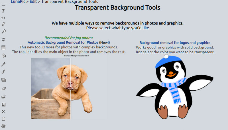 Инструменты для удаления фона Lunapic