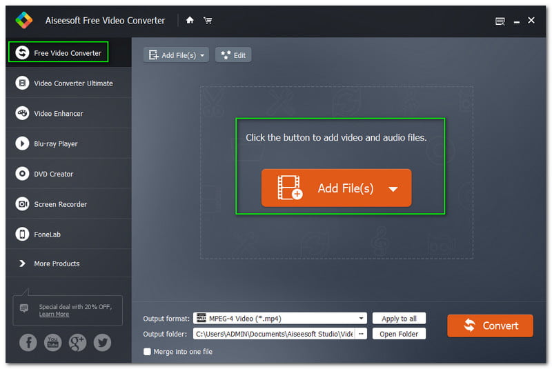 OGG को AVI Aiseesoft में बदलें मुफ्त वीडियो कनवर्टर फ़ाइलें जोड़ें