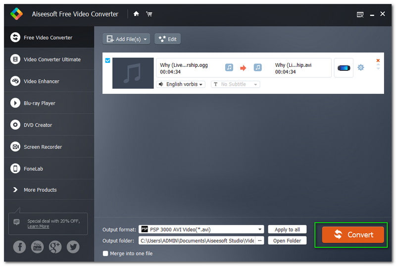 OGG को AVI Aiseesoft फ्री वीडियो कन्वर्टर कन्वर्ट में बदलें
