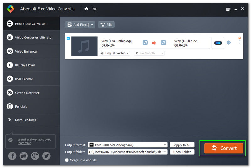 Convertir OGG a AVI Aiseesoft Free Video Converter Convertir