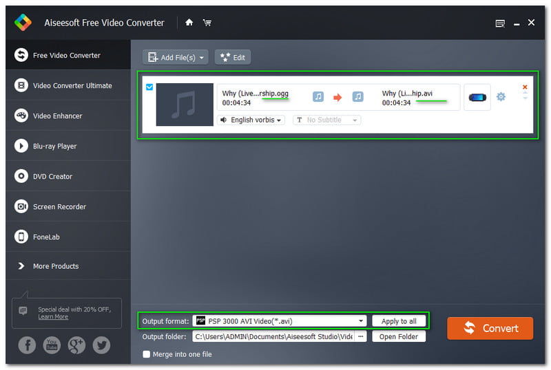 Conversia OGG în AVI Setările Free Video Converter Aiseesoft