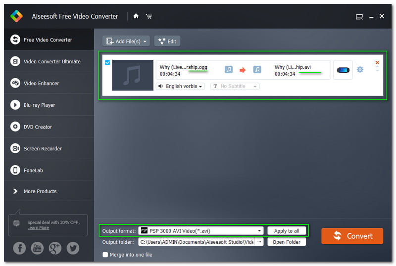 Muunna OGG AVI:ksi Aiseesoft Free Video Converter -asetukset