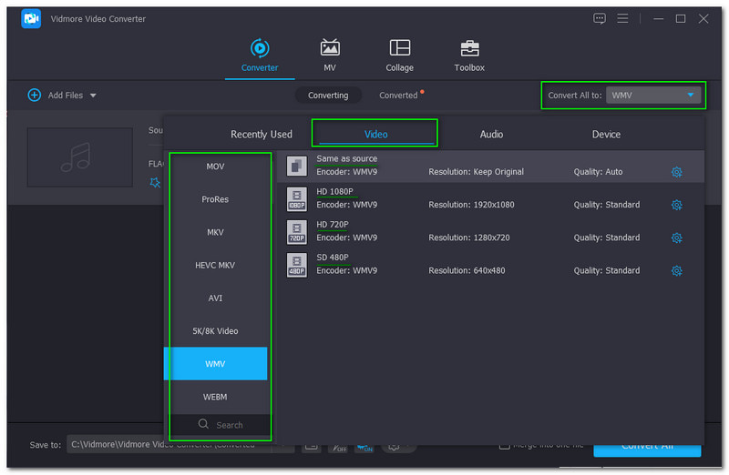 FLAC to WMV Vidmore Video Converter Search Output Format