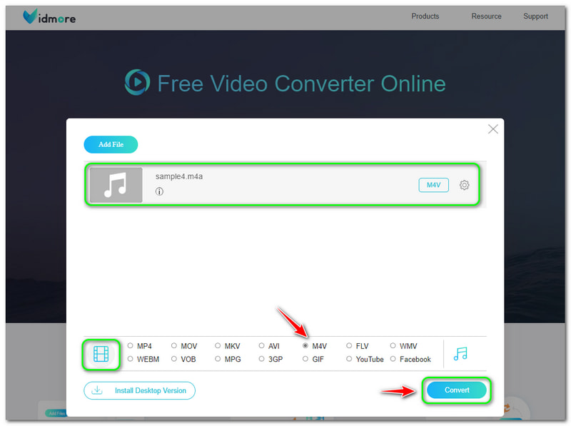 M4A till M4V Vidmore Free Video Converter Online Convert-knapp