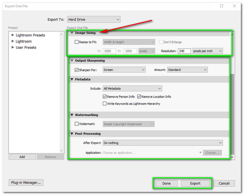 Make Images Bigger lightroom Parameters Done Export