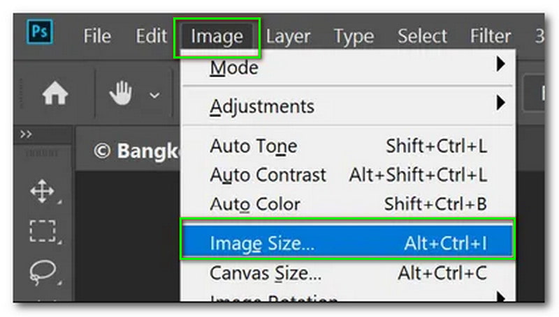 Aumentar as imagens Menu de imagens do Photoshop