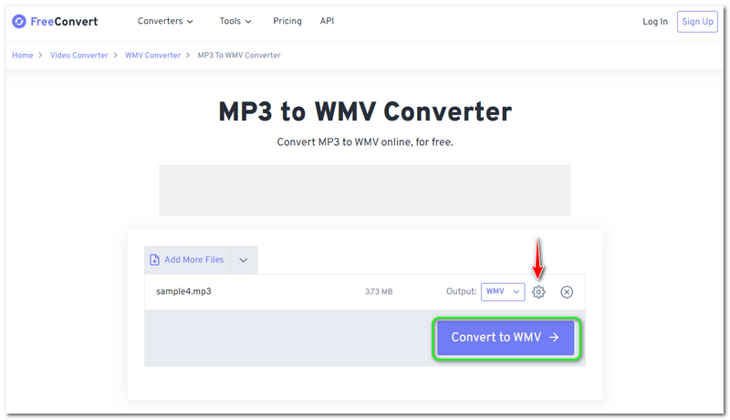 MP3 to WMv Freeconvert convert to WMV Button
