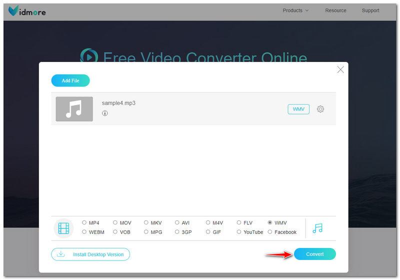 WMA to AVI Vidmore Free Converter Online Convert Button