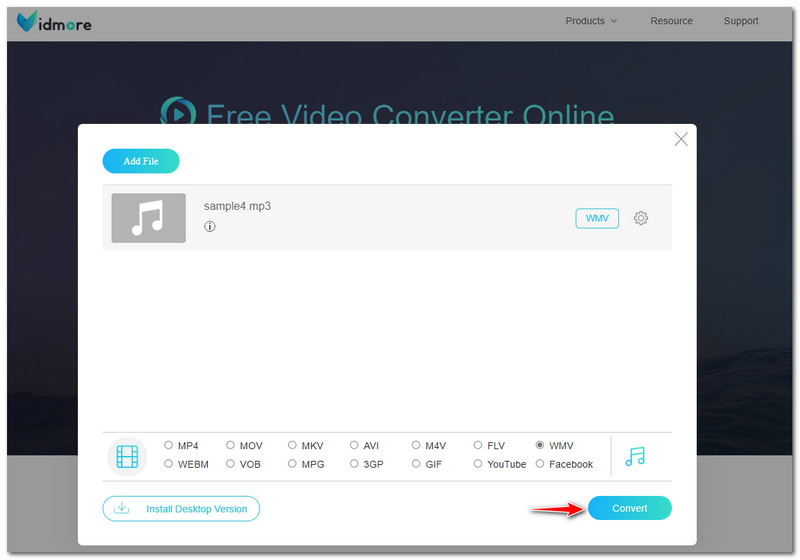 לחצן המרת WMA ל-AVI Vidmore Free Converter Online Convert