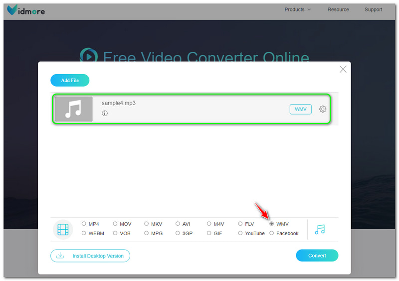 MP3 til WMV Vidmore Free Video Converter Sæt kryds ved WMV-filformat