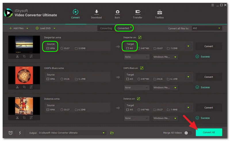 Convertitore WMA in Avi Iskysoft Video Converter Converti tutti i pulsanti