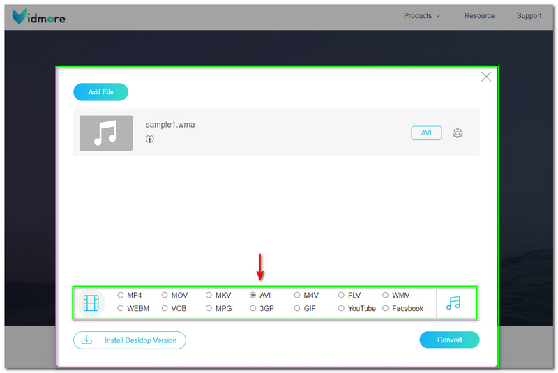 WMA–AVI Vidmore Ingyenes Video Converter Online kimeneti formátum