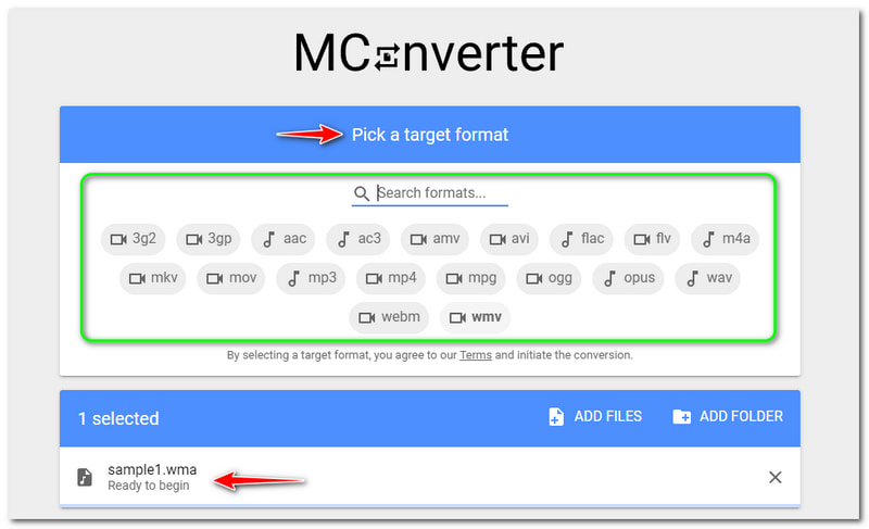 WMA to WMV Mconverter Pick a Target Format