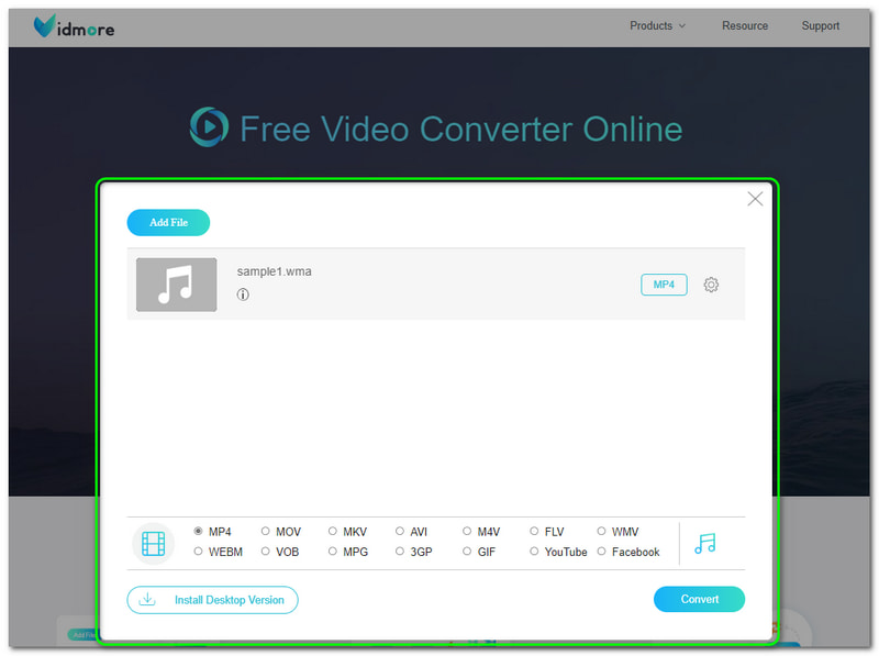 WMA–WMV Vidmore ingyenes videokonverter online konvertáló panel