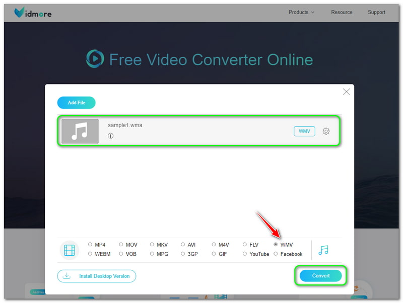 WMA-ból WMV-be Vidmore Free Video Converter Onlie konvertáló gombok