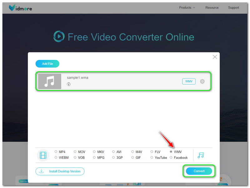 Convertitore video gratuito da WMA a WMV Vidmore Pulsanti di conversione online