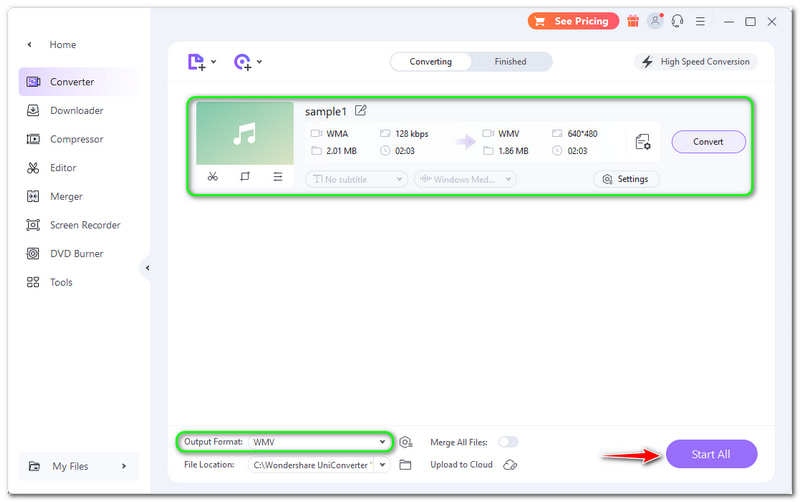 WMA เป็น WMv Wondershare Uniconverter Converter เริ่มปุ่มทั้งหมด