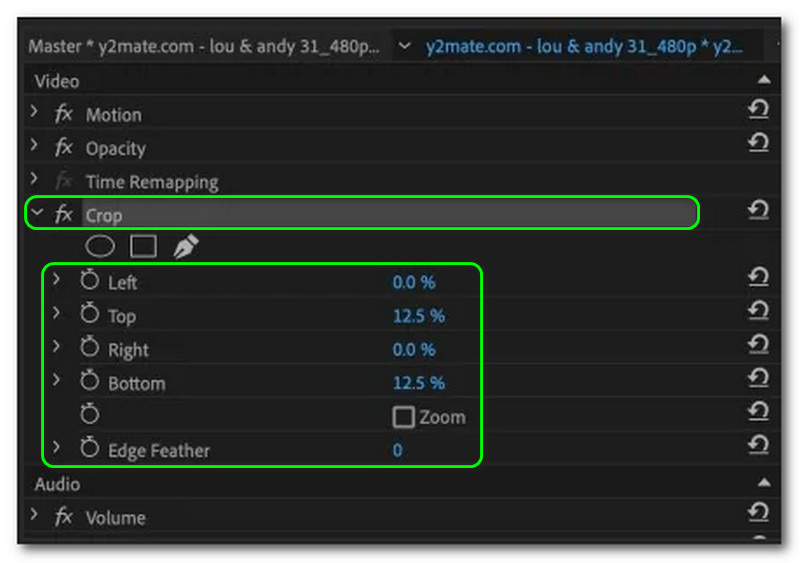 Videon rajaaminen Premier Crop Feature Effects -paneelissa