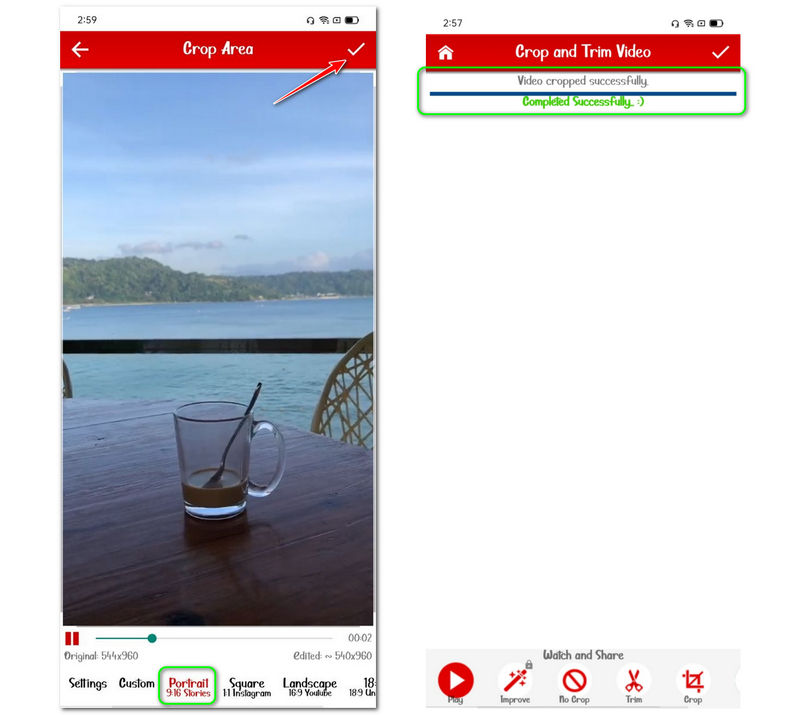 Hvordan endre størrelse på videoer for Instagram Android-enhet Protrait Mode Check-ikon