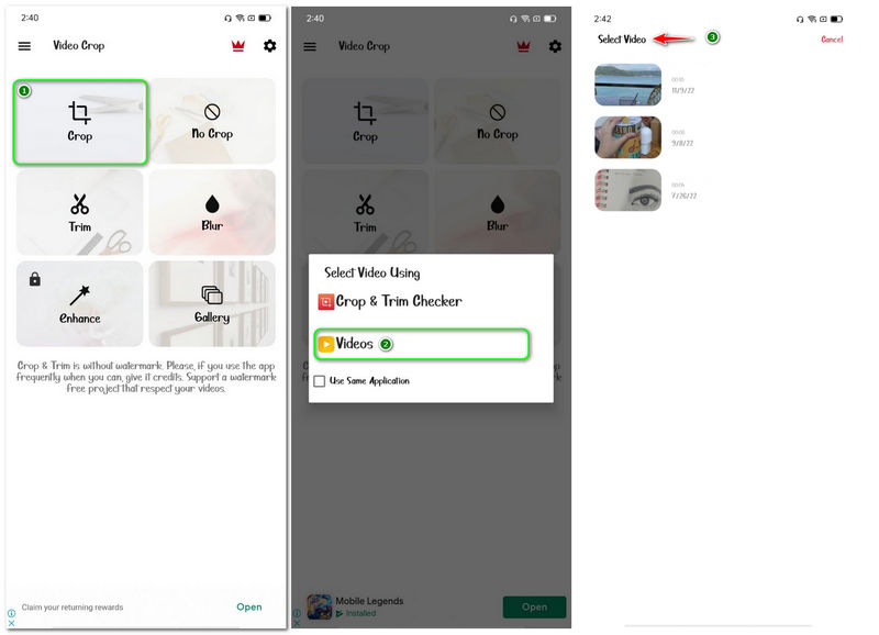 Hvordan endre størrelse på videoer for Instagram Android-enhet Videoer-knapp Velg video