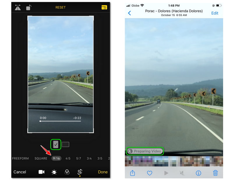 Videoiden koon muuttaminen Instagram iPhone -laitteen Valmis-painike Videon valmistelua varten