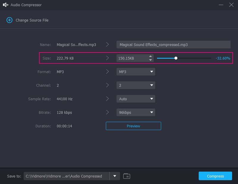 Regola la dimensione del file audio