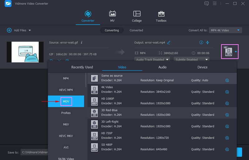 Choose MOV File Format