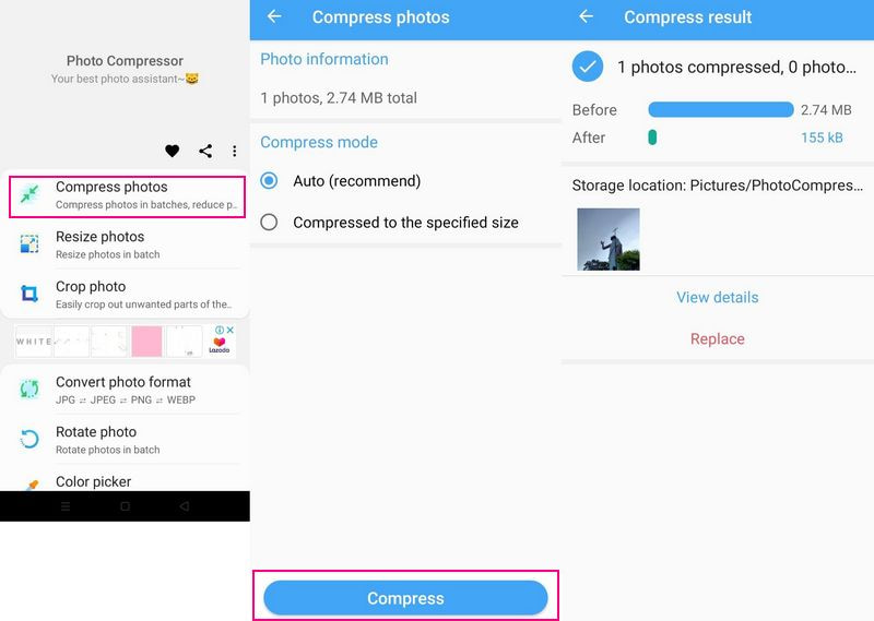 Photo Compressor y Resizer Comprime imágenes sin conexión en Android