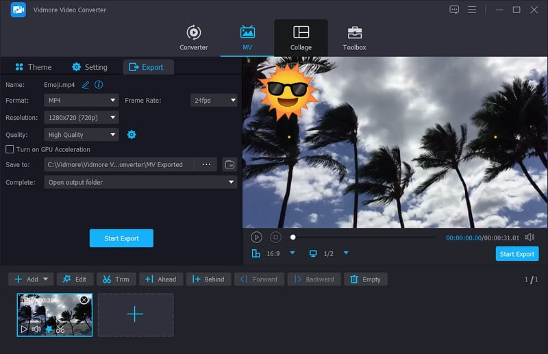 Go to Export Button to Process and Save Your Video with Emoji