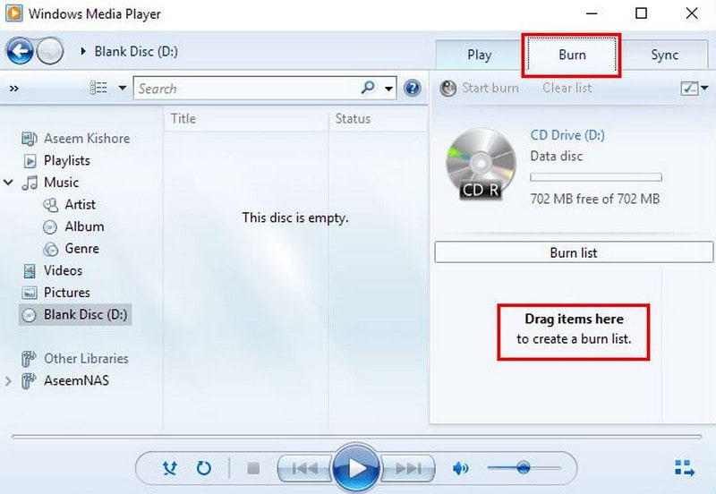 좋아하는 음악이 있는 Windows Media Player