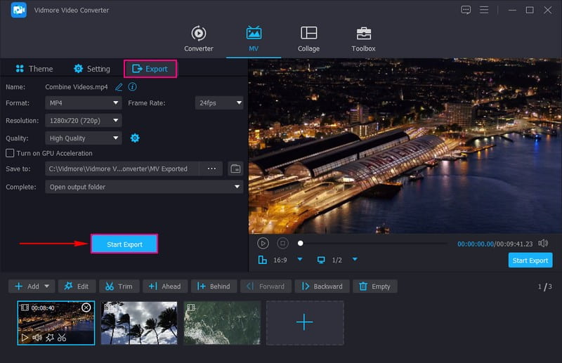 Faceți clic pe Start Export și Salvați videoclipurile dvs. combinate