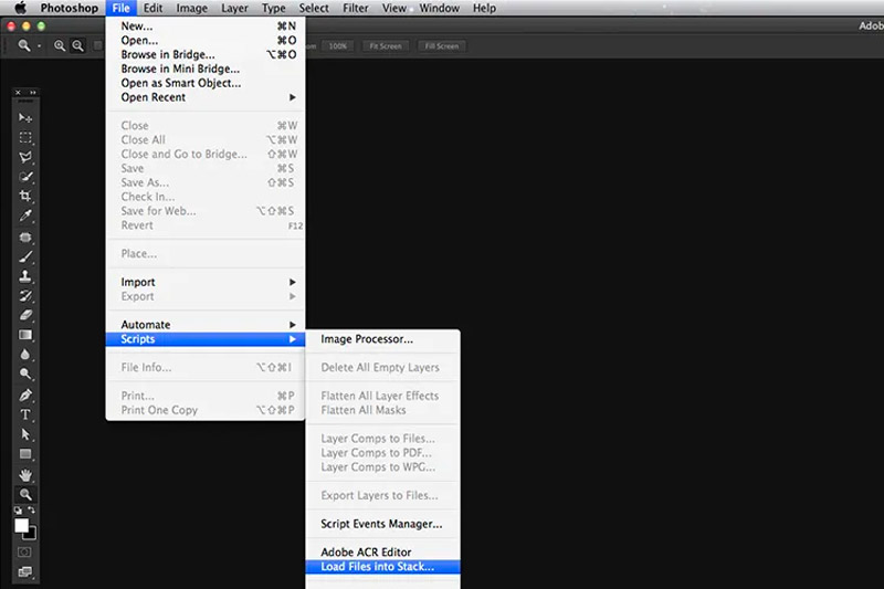 फ़ोटोशॉप फ़ाइलों को स्टैक में लोड करें
