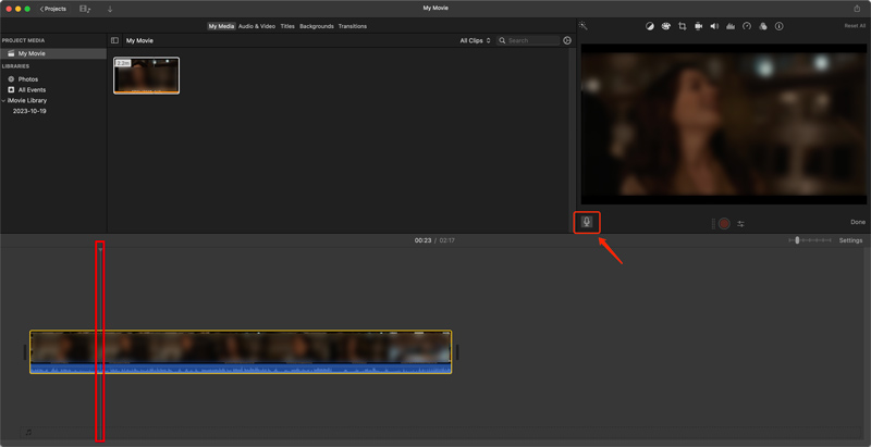 ตำแหน่งที่จะบันทึกเสียงพากย์บน iMovie