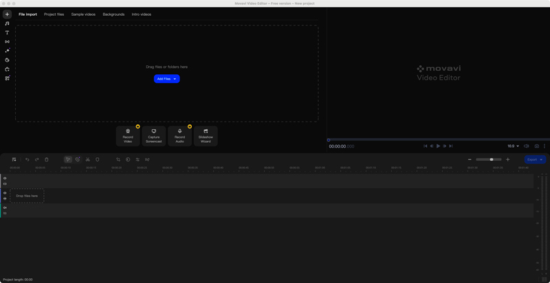 Interface do editor de vídeo Movavi