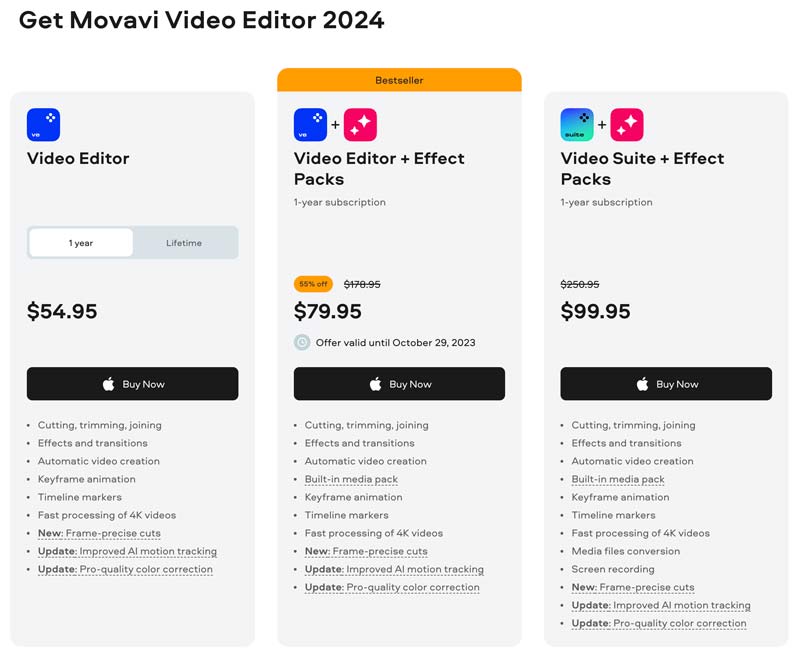 Preços do editor de vídeo Movavi