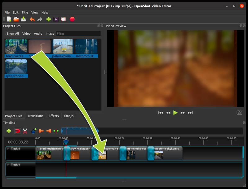 ציר הזמן של OpenShot Video Editor