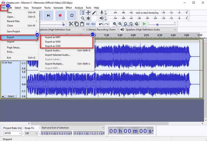 Esportazione file Audacity Comprimi audio Audacity 