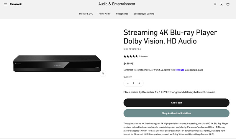 נגן Blu-ray 4K הטוב ביותר Panasonic DP-UB820