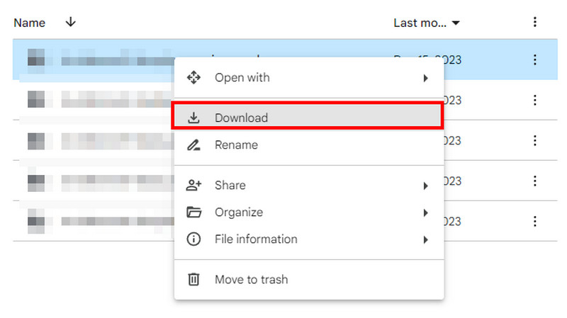 Google Drive, clique com o botão direito em download