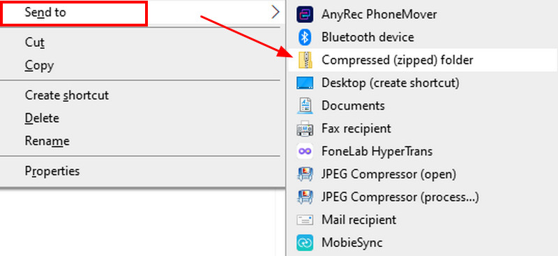 संपीड़ित ज़िपित फ़ोल्डर में भेजें