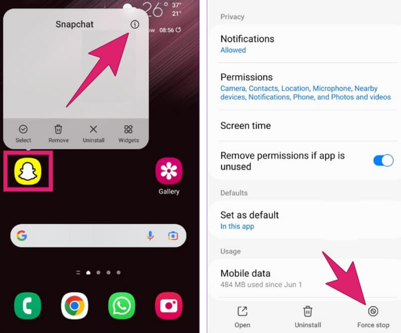 Snapchat แก้ไขการบังคับหยุด Android