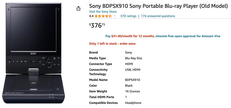 เครื่องเล่นบลูเรย์แบบพกพา Sony BDP-SX910
