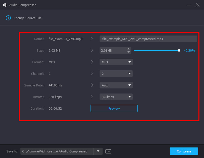 Vidmore Audio Compressor Редактировать канал формата битрейта