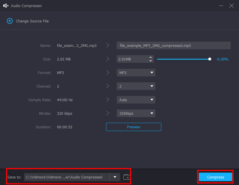 Vidmore Audio Compressor Сохранить для сжатия