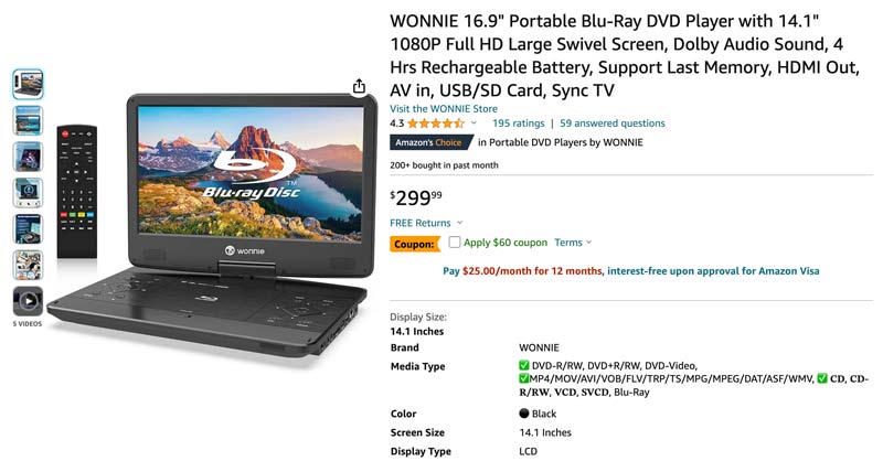 WONNIE Φορητό BluRay DVD Player 16.9