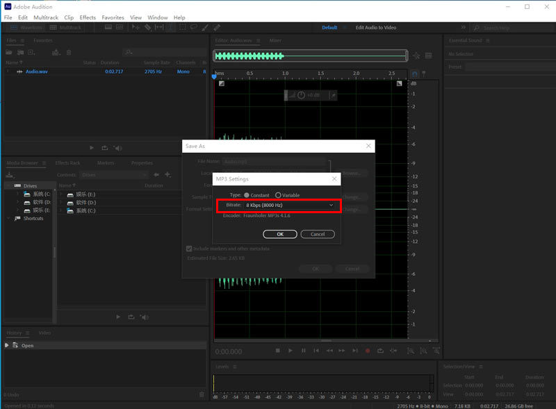 Taxa de bits de compactação do Adobe Audition