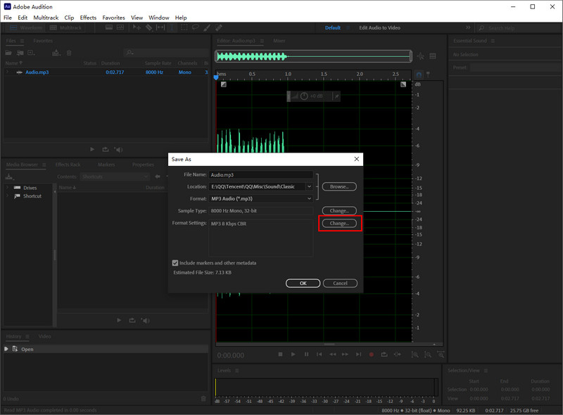 Ustawienia formatu kompresji Adobe Audition