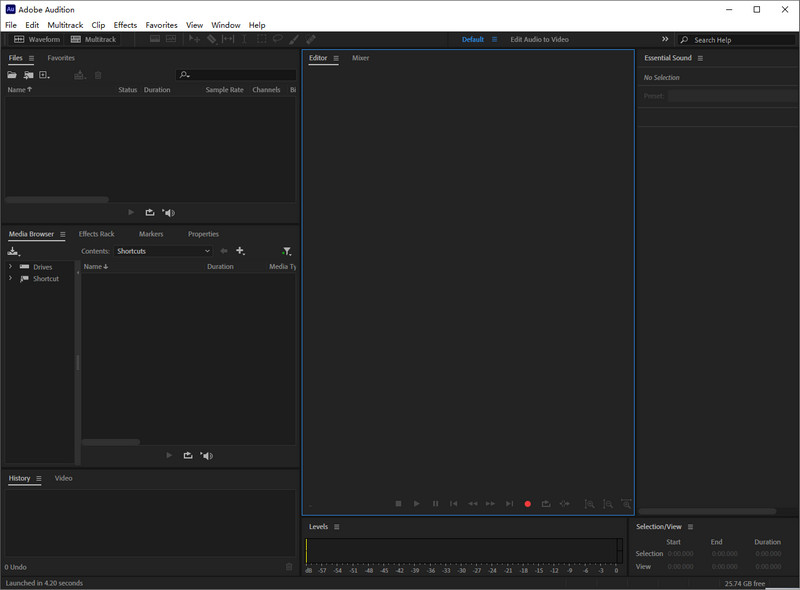 Interface de abertura do Adobe Audition