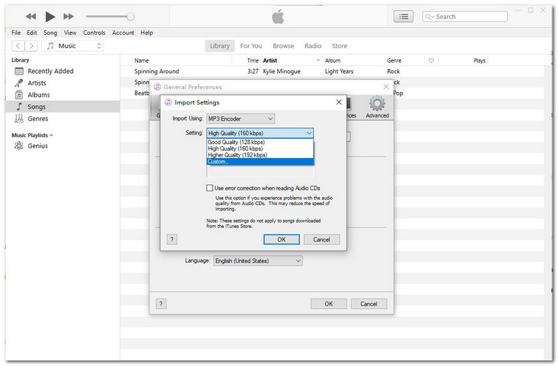 iTunes Importovat nastavení KBPS